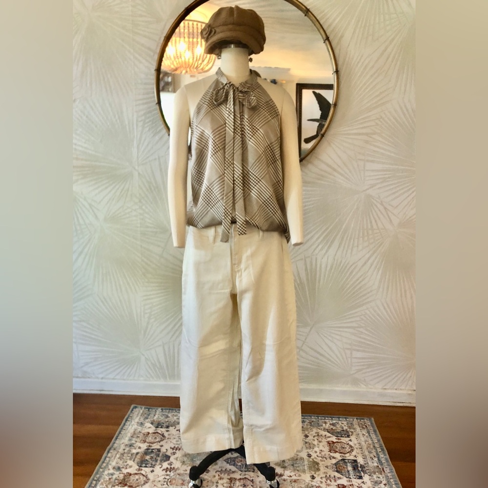 Cream Hi-Rise Wide Leg Pants, Plaid Tank with Tie Wool Cap Free Earrings OUTFIT